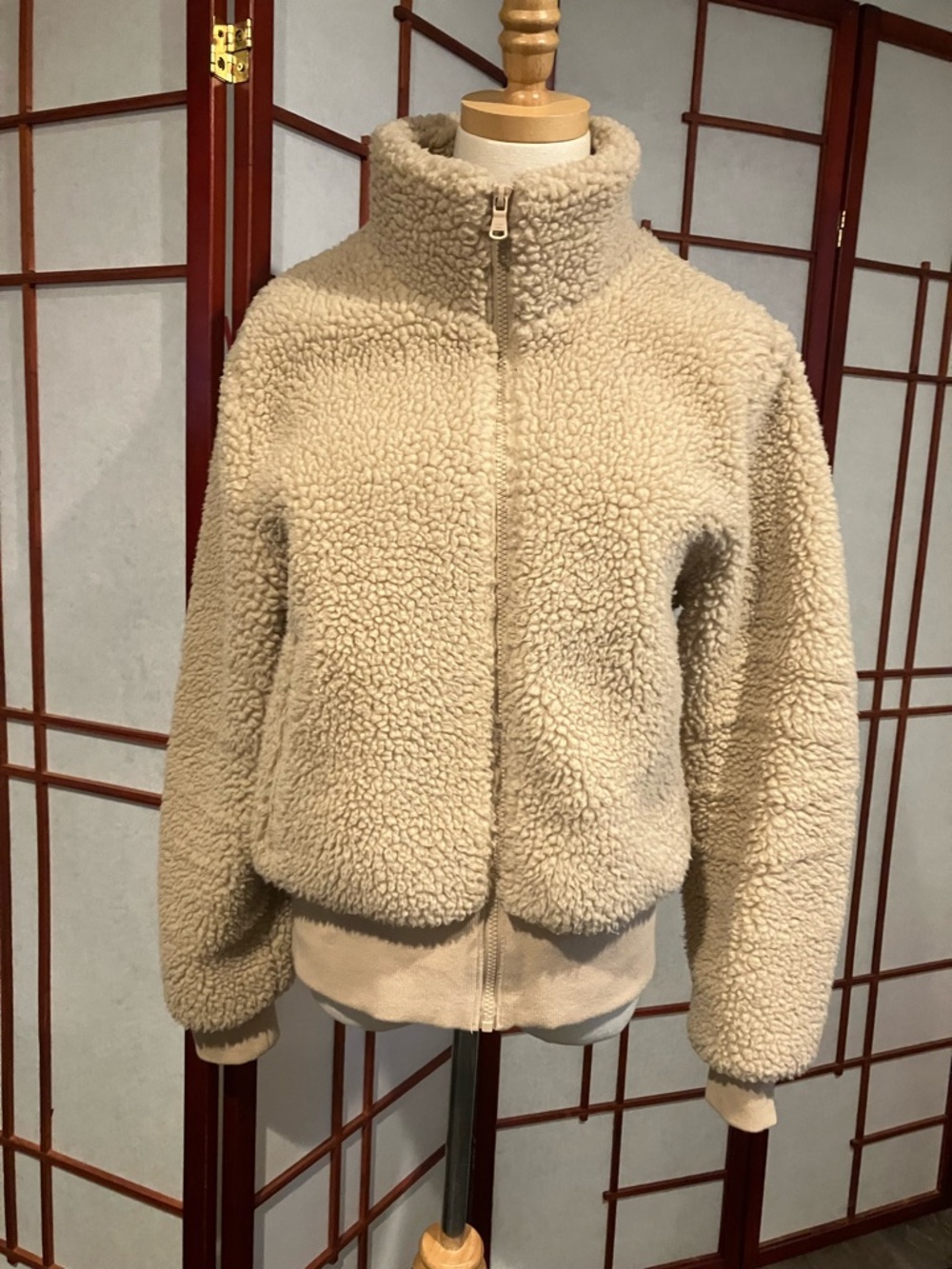 Calvin Klein Sherpa Style Zip-Up Jacket,  Sz M, Camel Beige, New